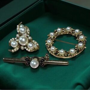 Vintage Pearl Brooch Lot | Gold-Tone Mid-Century Pins (Set of 3)